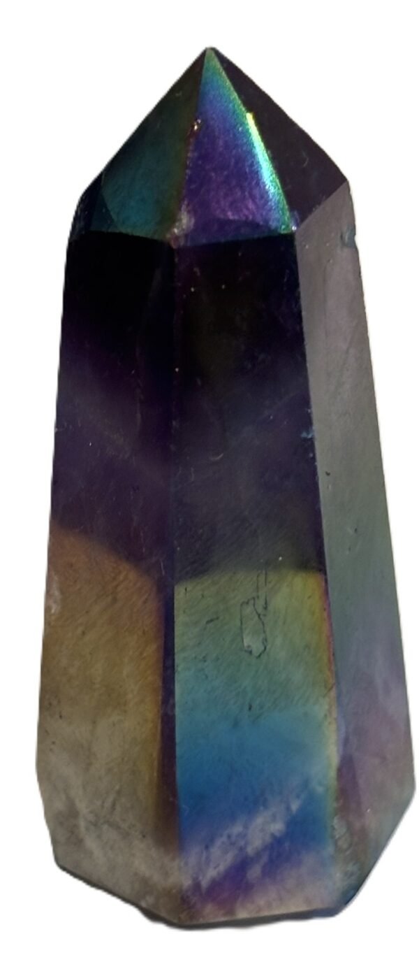 Standing rainbow amethyst aura polished crystal point 13 sians emporium Polished rainbow amethyst aura quartz generator point showing iridescent green violet and gold metallic sheen over natural chevron banding